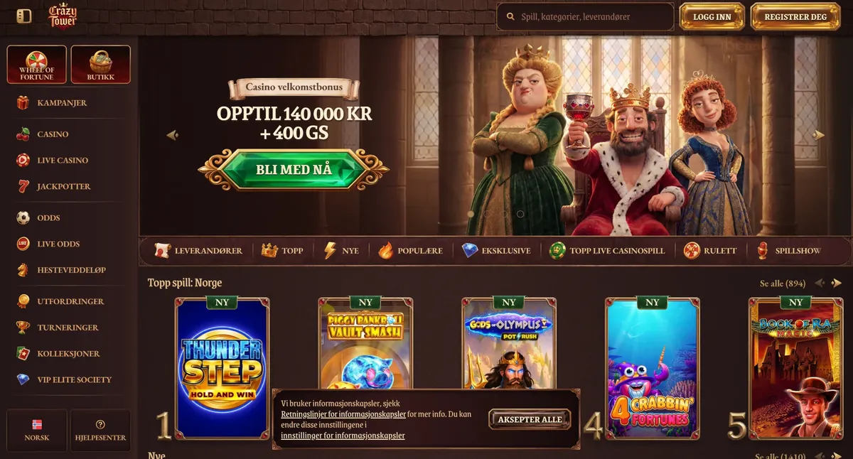 Crazytower Casino forside på norsk med casinobonus opptil 140 000 kr + 400 gratisspinn og meny med casino, live casino, odds og hesteveddeløp