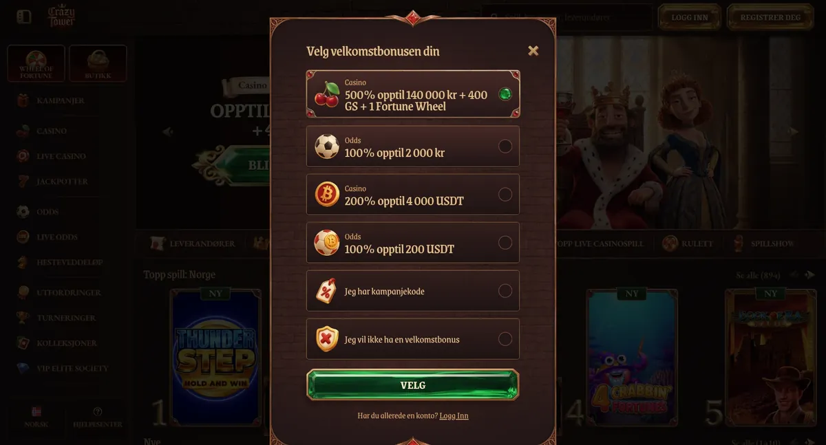 Crazytower Casino: valg av velkomstbonus med 500 % opptil 140 000 kr + 400 gratisspinn, oddsbonus 100 % opptil 2 000 kr og kryptobonuser i USDT