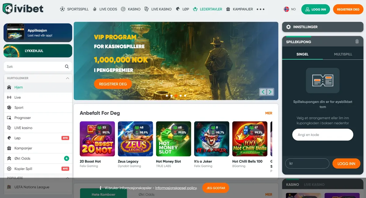 Ivibet Casino forside på norsk med VIP-program for kasinospillere på 1 000 000 NOK i pengepremier, spillekupong og meny med sportsspill og kasino