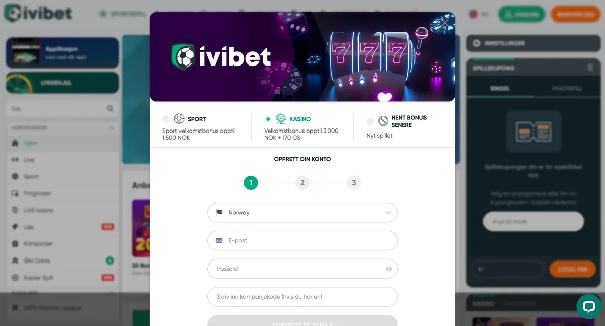 Ivibet Casino: registrering med valg mellom sportsbonus opptil 1 500 NOK, kasinobonus opptil 3 000 NOK + 170 gratisspinn og bonus senere