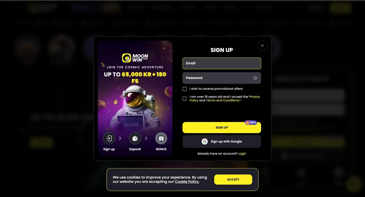 Moonwin Casino: registreringsskjema med velkomstbonus opptil 65 000 kr + 180 gratisspinn og trinnene registrering, innskudd og bonus