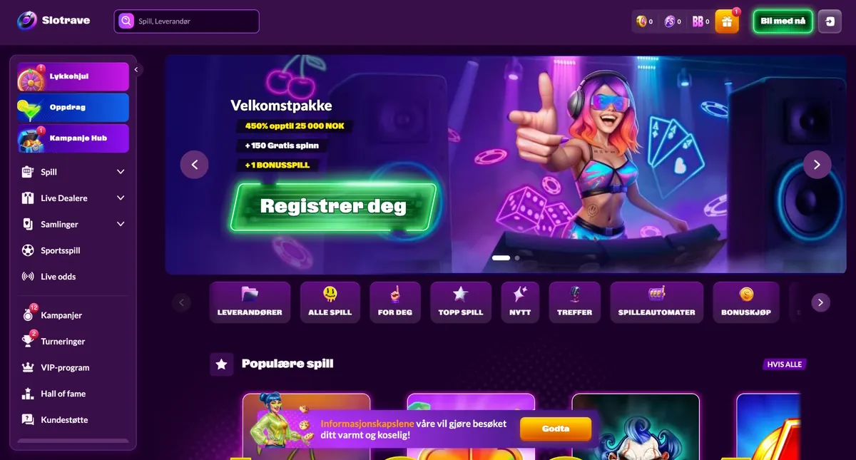 Slotrave Casino forside på norsk med velkomstpakke 450 % opptil 25 000 NOK + 150 gratisspinn og meny med spill, live dealere, sportsspill og live odds