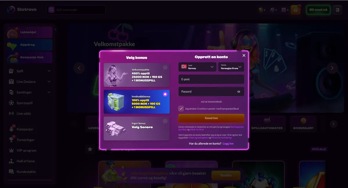 Slotrave Casino: registrering med valg mellom velkomstpakke 450 % opptil 25 000 NOK + 150 gratisspinn, innskuddsbonus 100 % opptil 5 000 NOK og ingen bonus