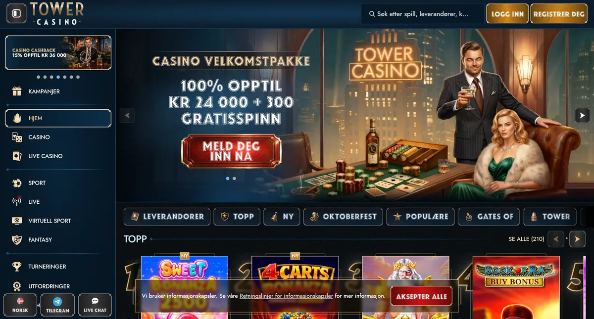 Tower Casino forside på norsk med casino velkomstpakke 100 % opptil 24 000 kr + 300 gratisspinn og meny med casino, live casino, sport og virtuell sport