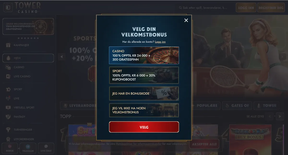 Tower Casino: valg av velkomstbonus med casinobonus 100 % opptil 24 000 kr + 300 gratisspinn, sportsbonus 100 % opptil 6 000 kr og valg uten bonus