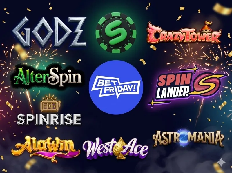 Logoer for nettcasinoer som tar imot norske spillere, blant annet Godz, CrazyTower, AlterSpin, Betfriday, Spinlander, Spinrise, Alawin, West Ace og Astromania